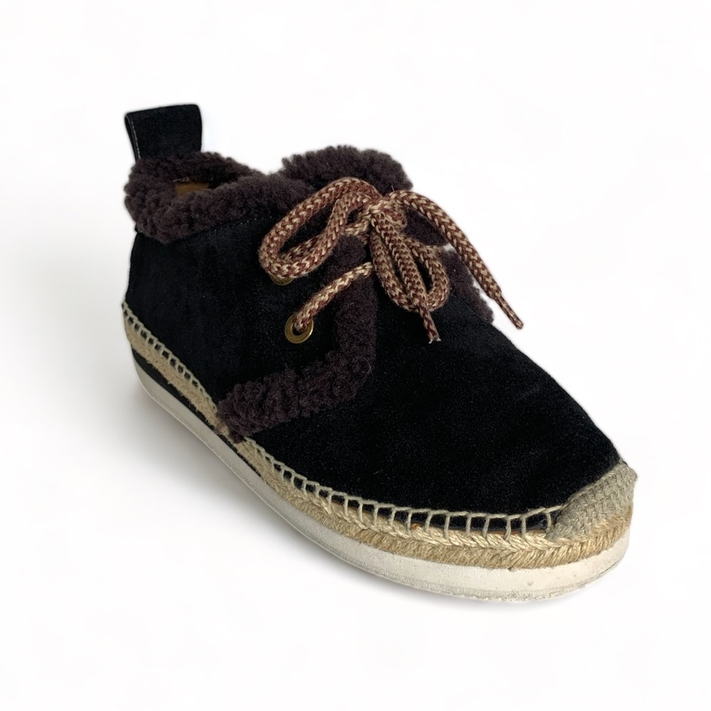 See by Chloe Glyn Suede and Shearling Lace Up Trainers in Black | Size 39